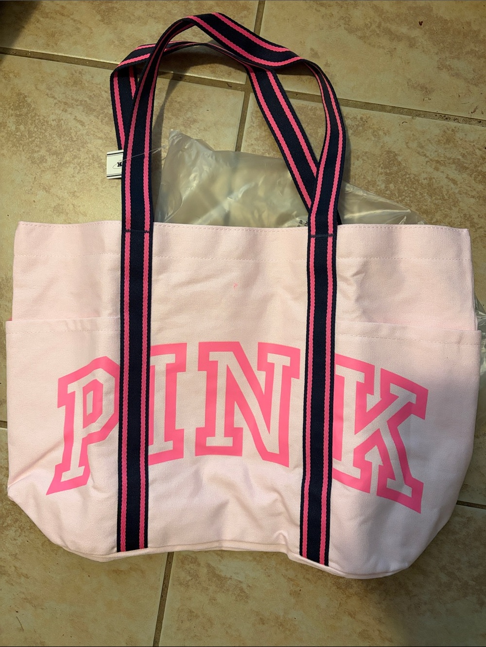 NWT PINK Victoria's Secret Canvas Tote Bag with Contrast Straps